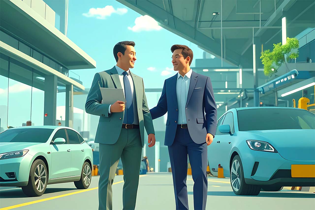 協会担当者と整備士が笑顔で並んで工場内を歩いている様子